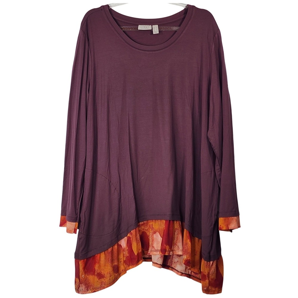 LOGO Lori Goldstein Tunic Top Large Purple Orange Watercolor Boho Sharkbite Hem